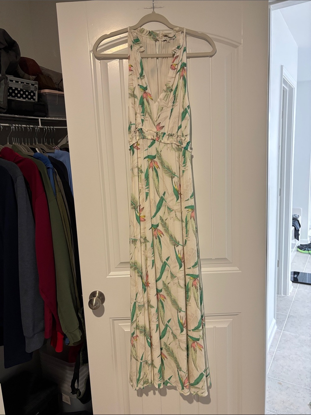Z Supply Cream Tropical Halter Maxi Dress with Green & Coral Leaf Print
